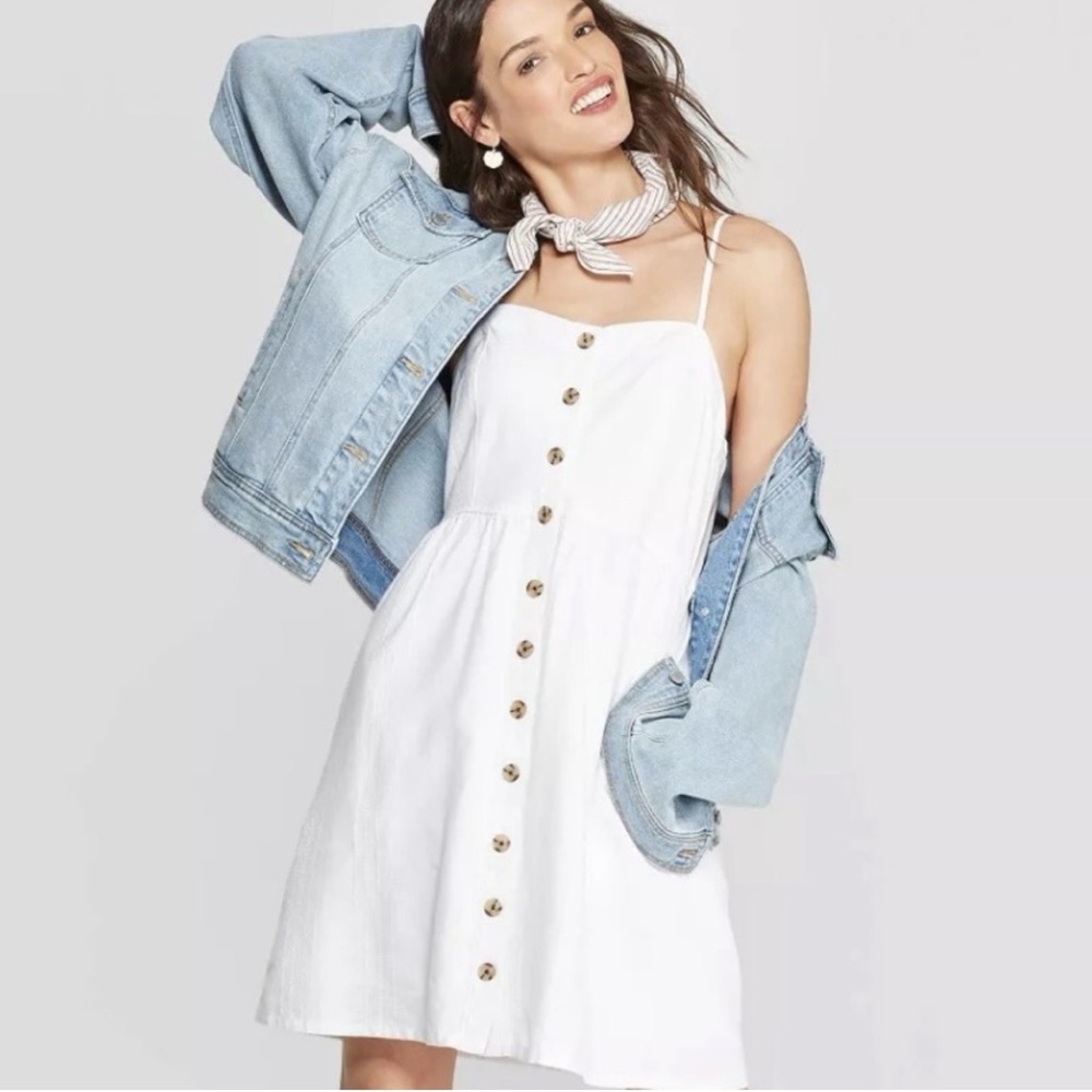 White Summer Linen Blend Button-Down Dress